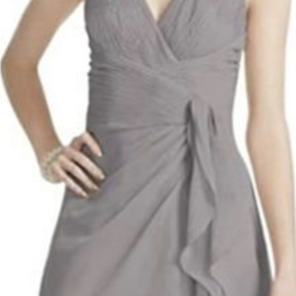 David’s Bridal V-Neck Black Halter Maxi dress with pleated and ruffle detail. - Picture 9 of 12